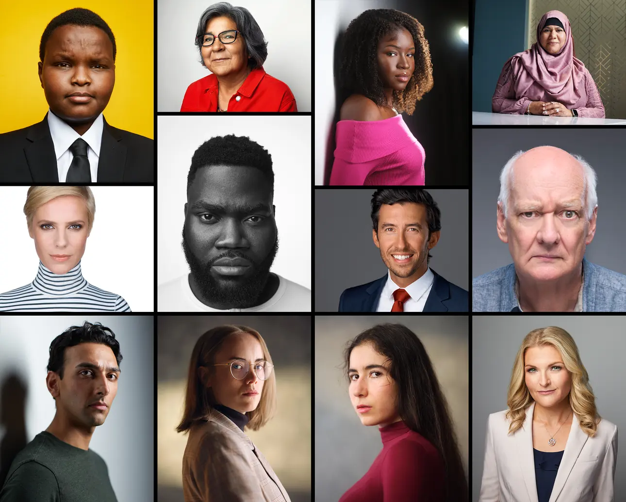 Collage of diverse professional headshots of men and women of various ages and ethnicities against different backgrounds.