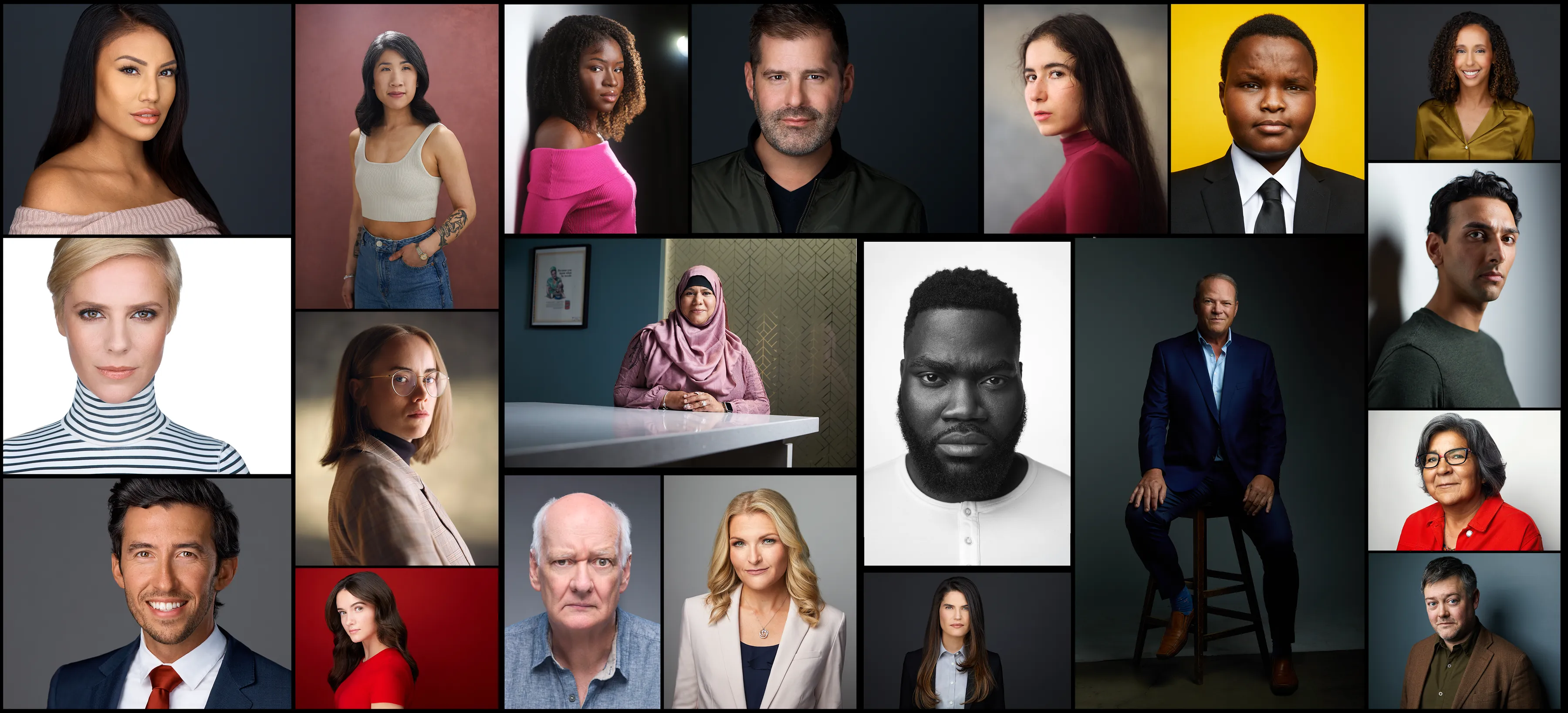 Collage of diverse professional headshots of men and women of various ages and ethnicities against different backgrounds.
