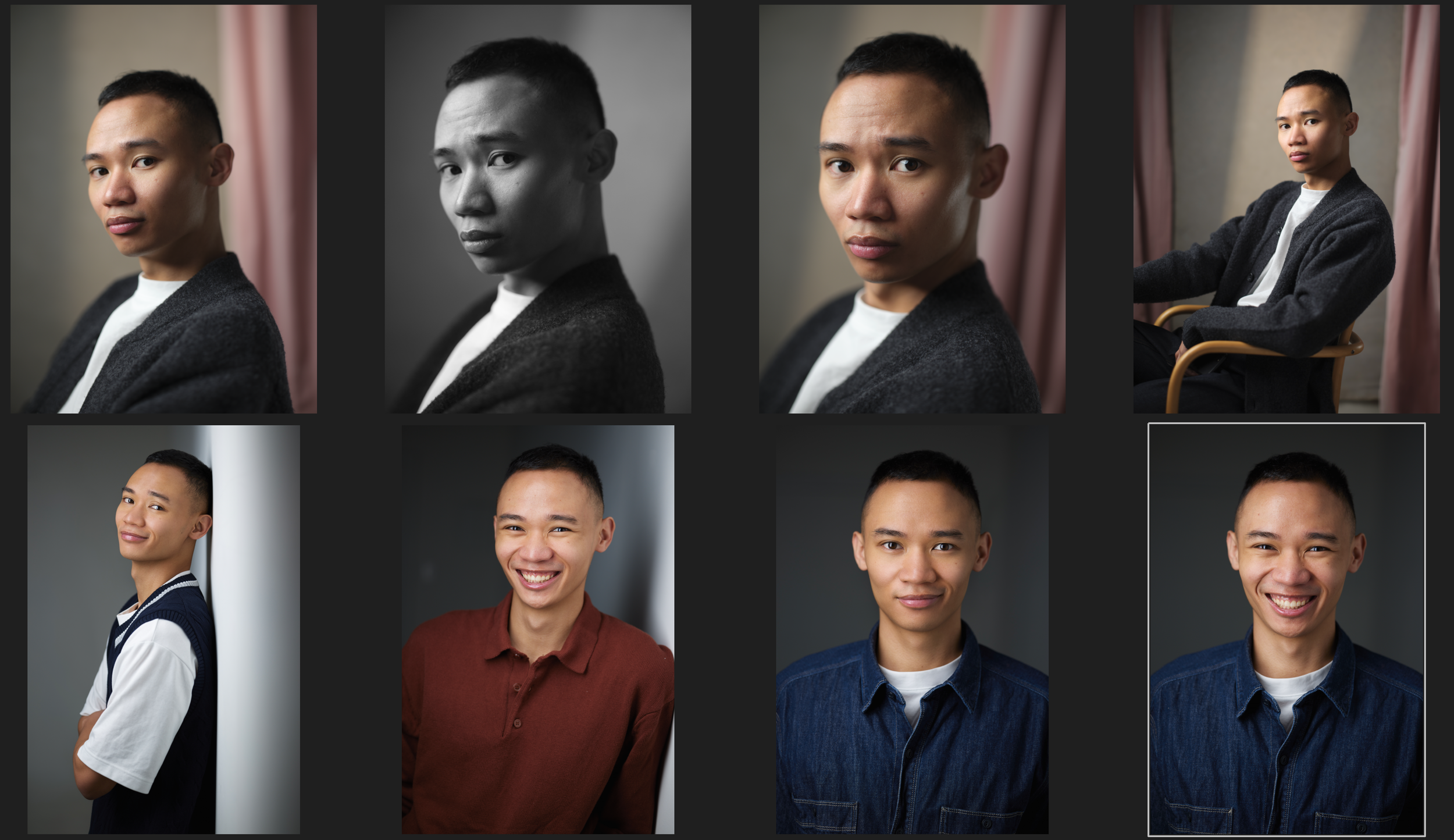 Contact sheet of headshot photo options for client selection during a session