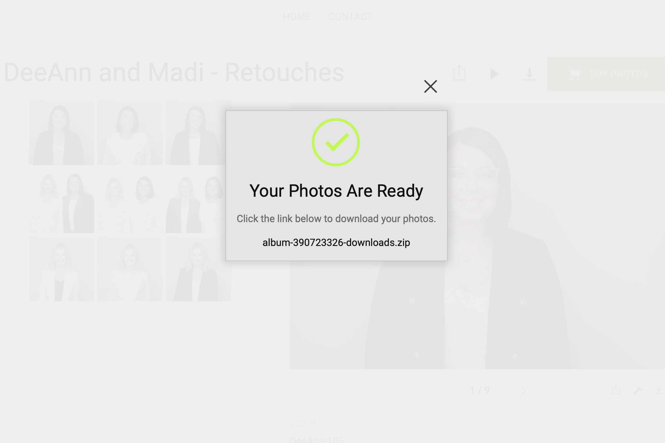 Confirmation message indicating photos are ready for download, with a link to download a ZIP file.