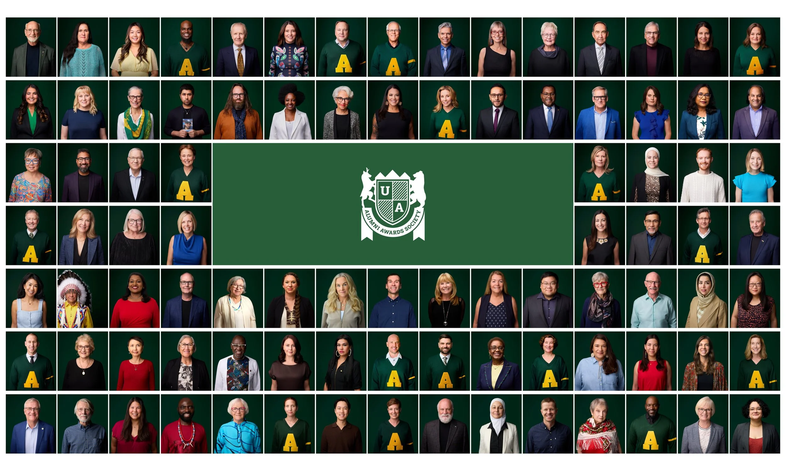 A grid of Alumni Award recipient portraits around the University of Alberta crest