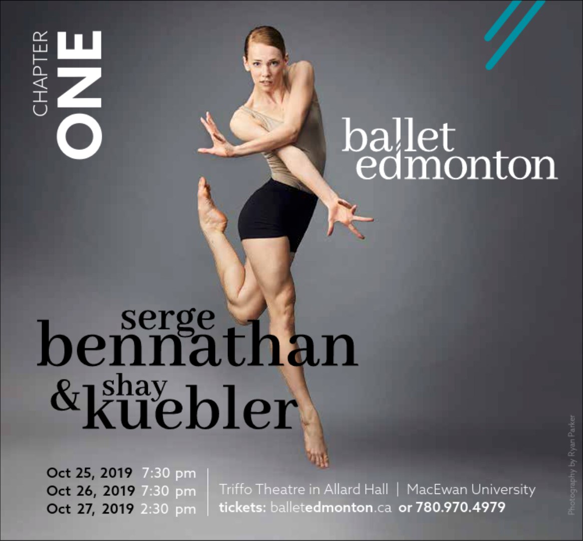 Ballet Edmonton’s ad for Chapter One, October 2019, in Avenue Edmonton: a dancer off the floor on grey beside the company’s name