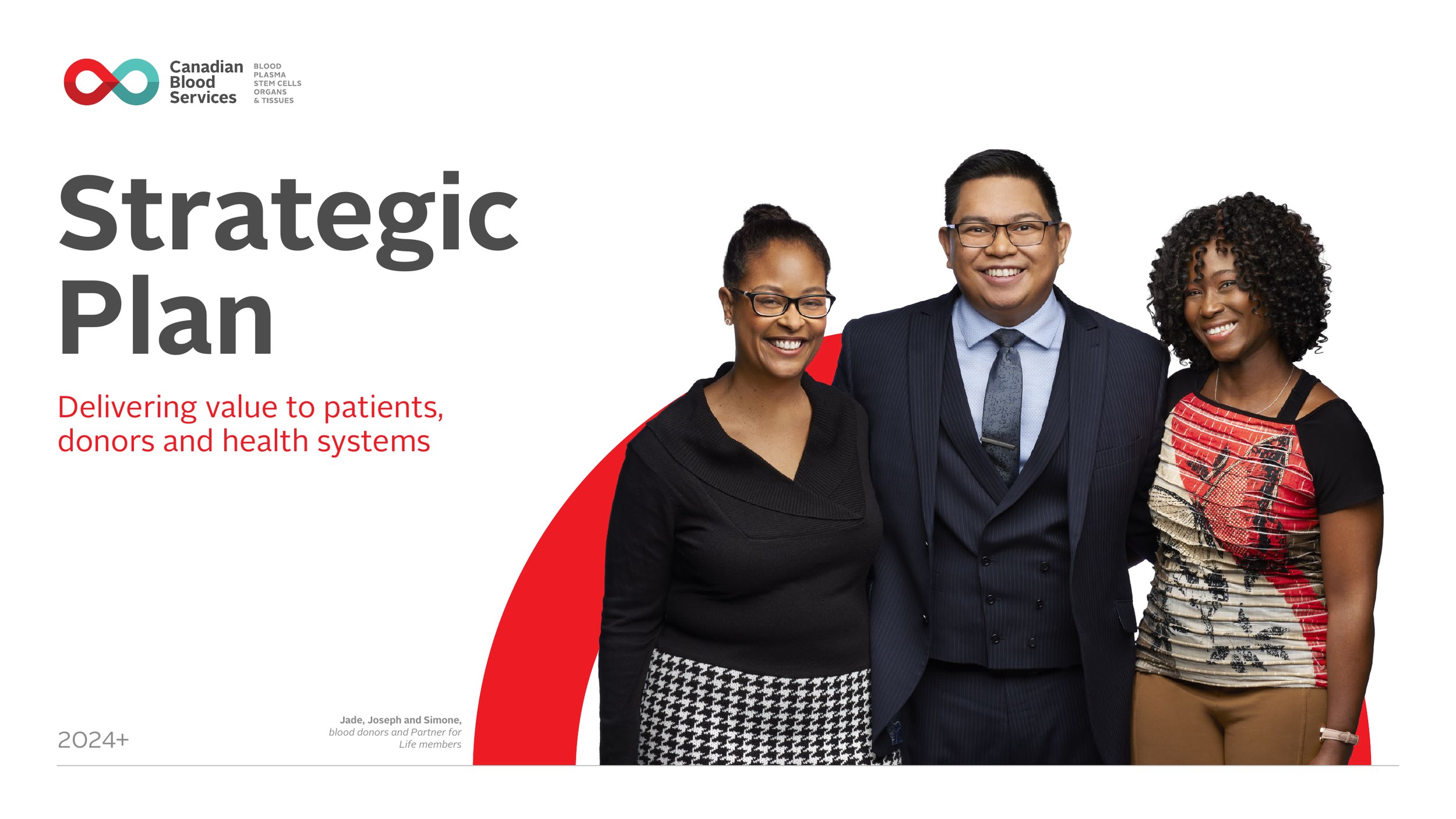 The cover of the Canadian Blood Services Strategic Plan, 2024 onward, three donors standing together