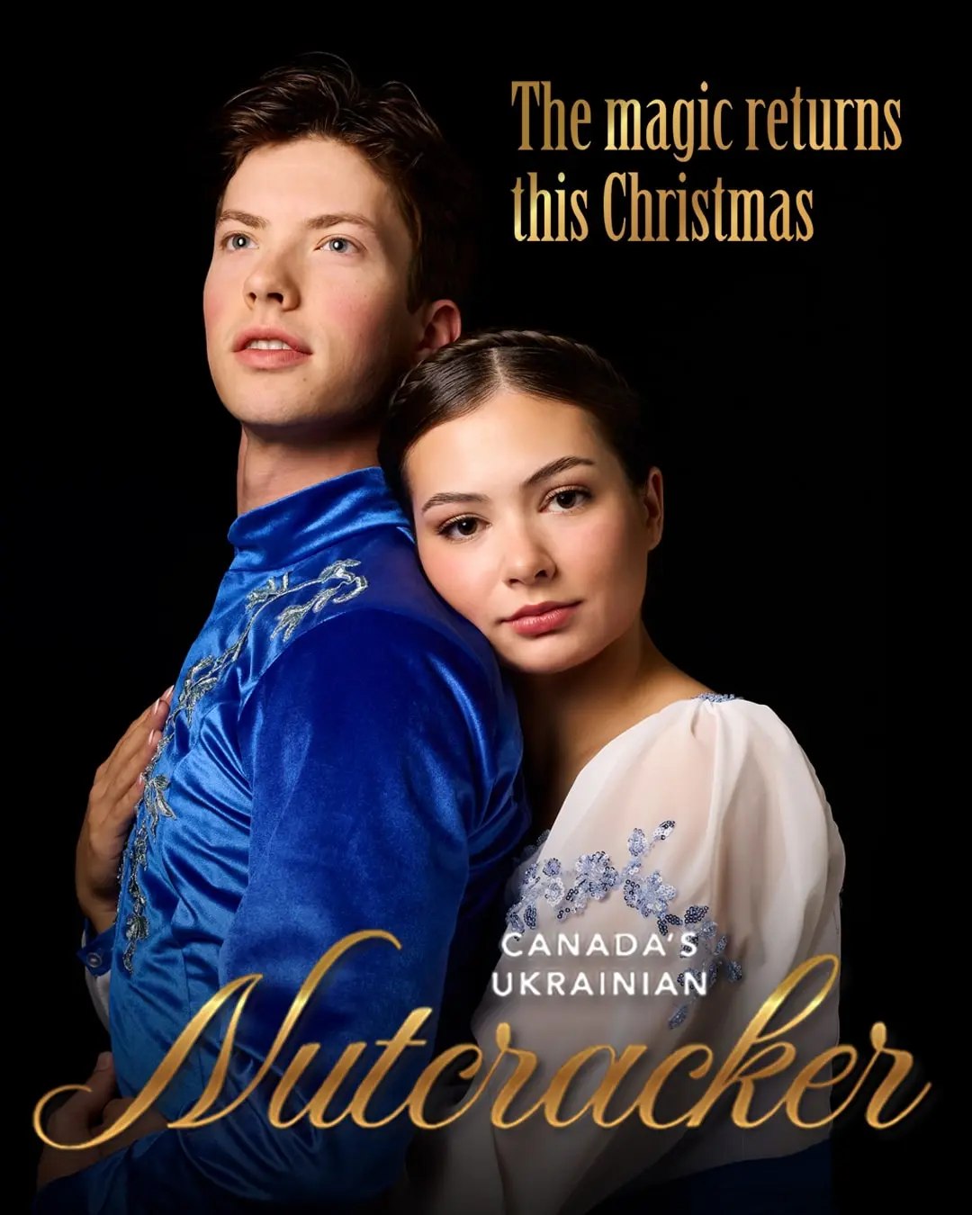 Shumka’s Nutcracker post: two dancers in blue and white under “The magic returns this Christmas”