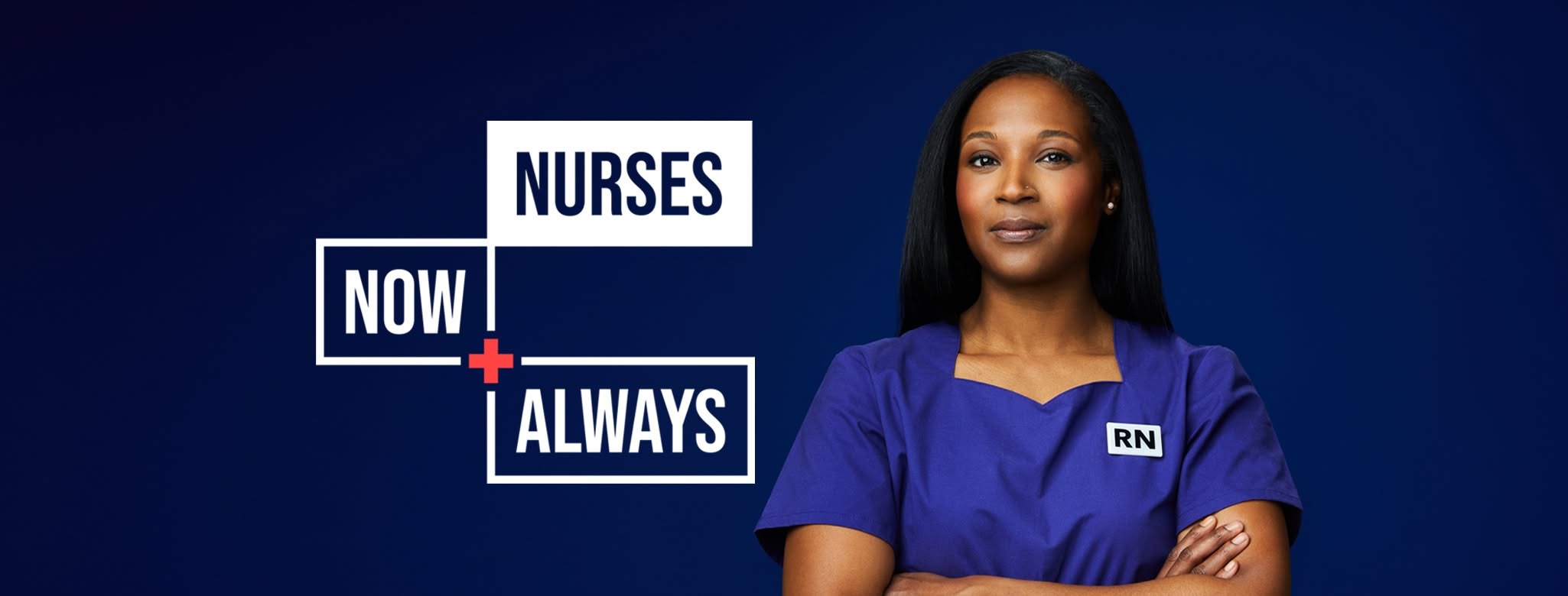 “Nurses Now + Always” web banner: a nurse in purple scrubs, arms crossed, on navy