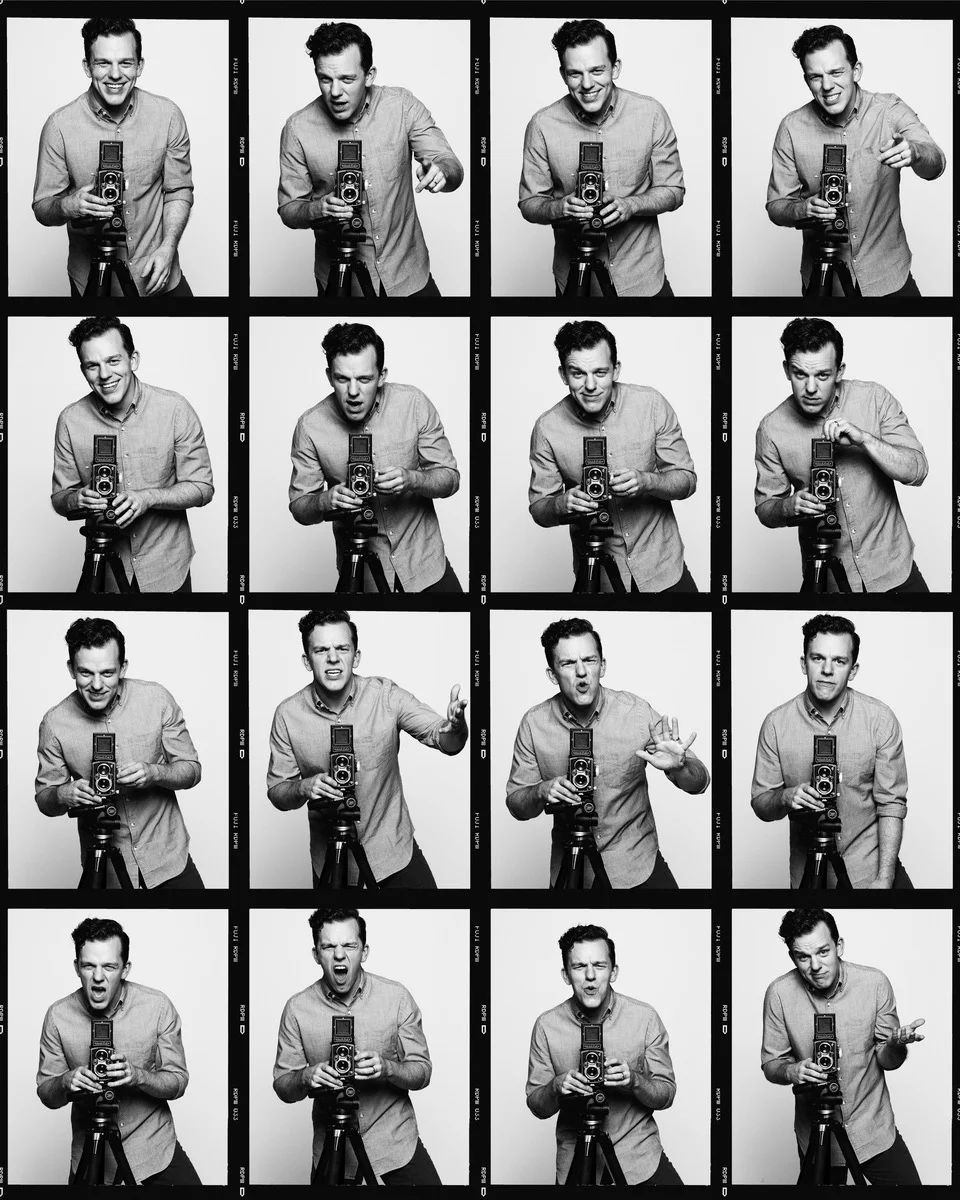 Contact sheet of Ryan Parker with a twin-lens camera — sixteen frames, photographed by Aaron Pedersen for Edify Magazine’s Top 40 Under 40, 2017