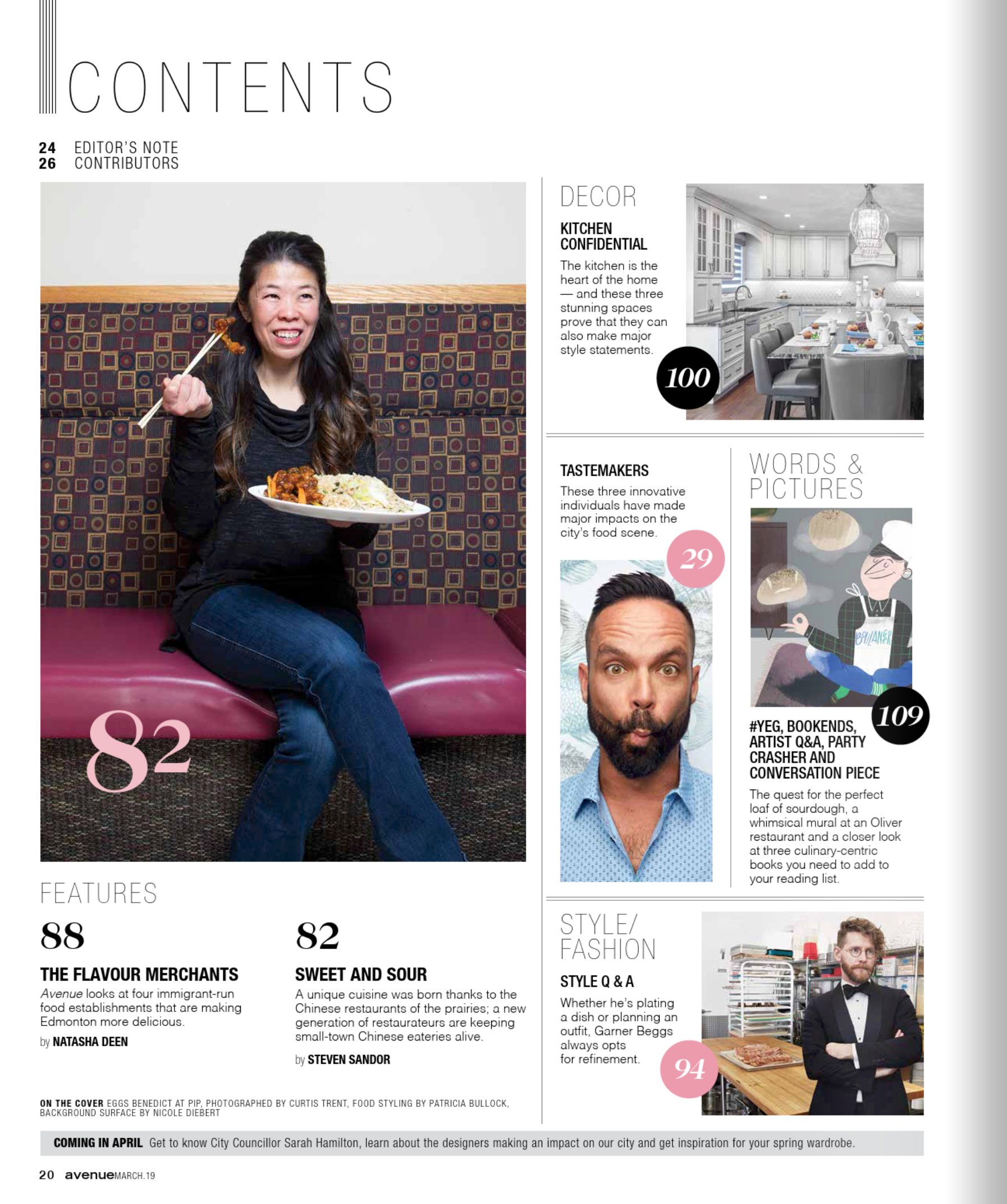 The contents page: Rob Tryon, eyes wide against a fish-print wallpaper, beside the listing for the Tastemakers