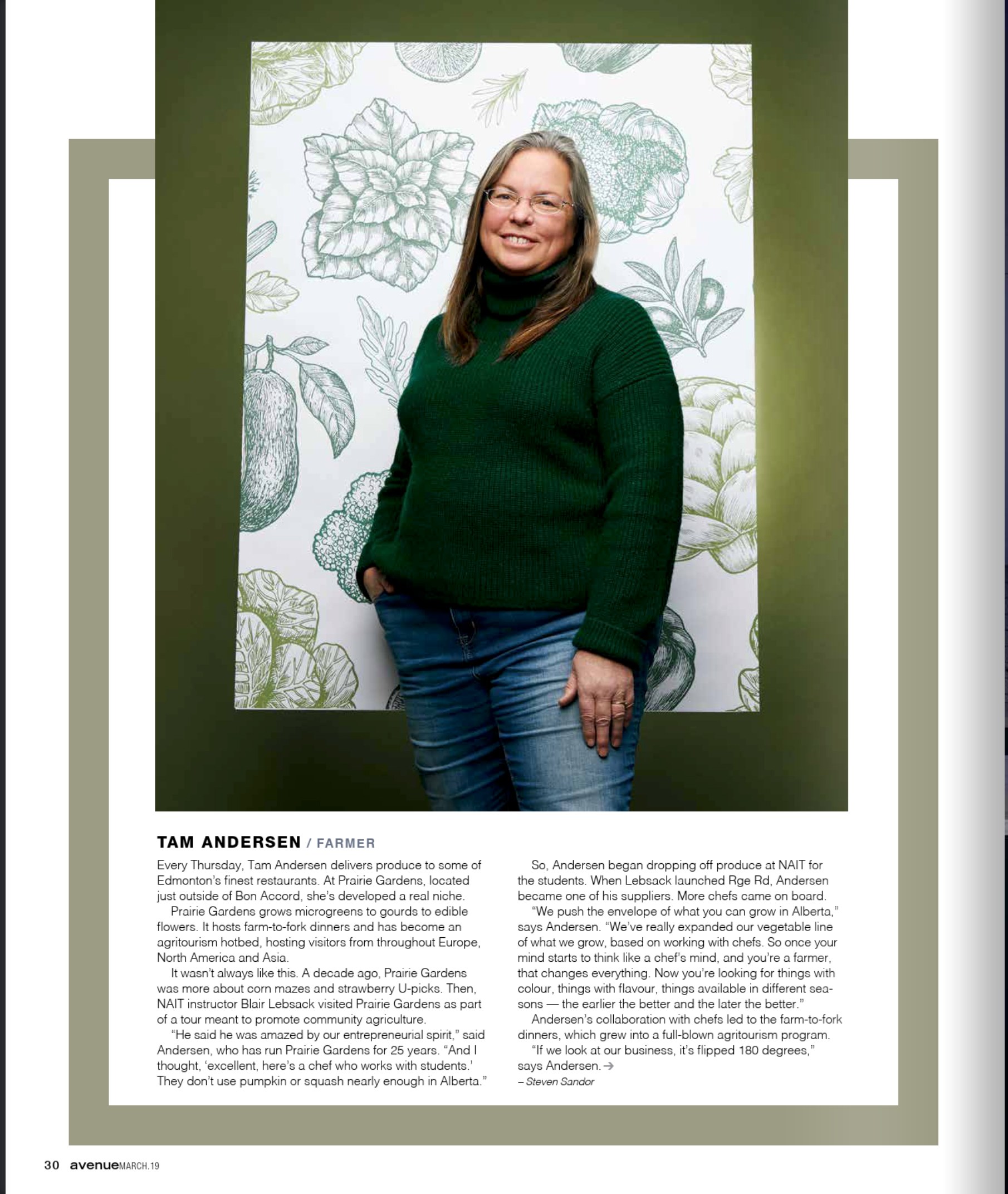 Tam Andersen’s page: the farmer in a green sweater against a leafy wallpaper