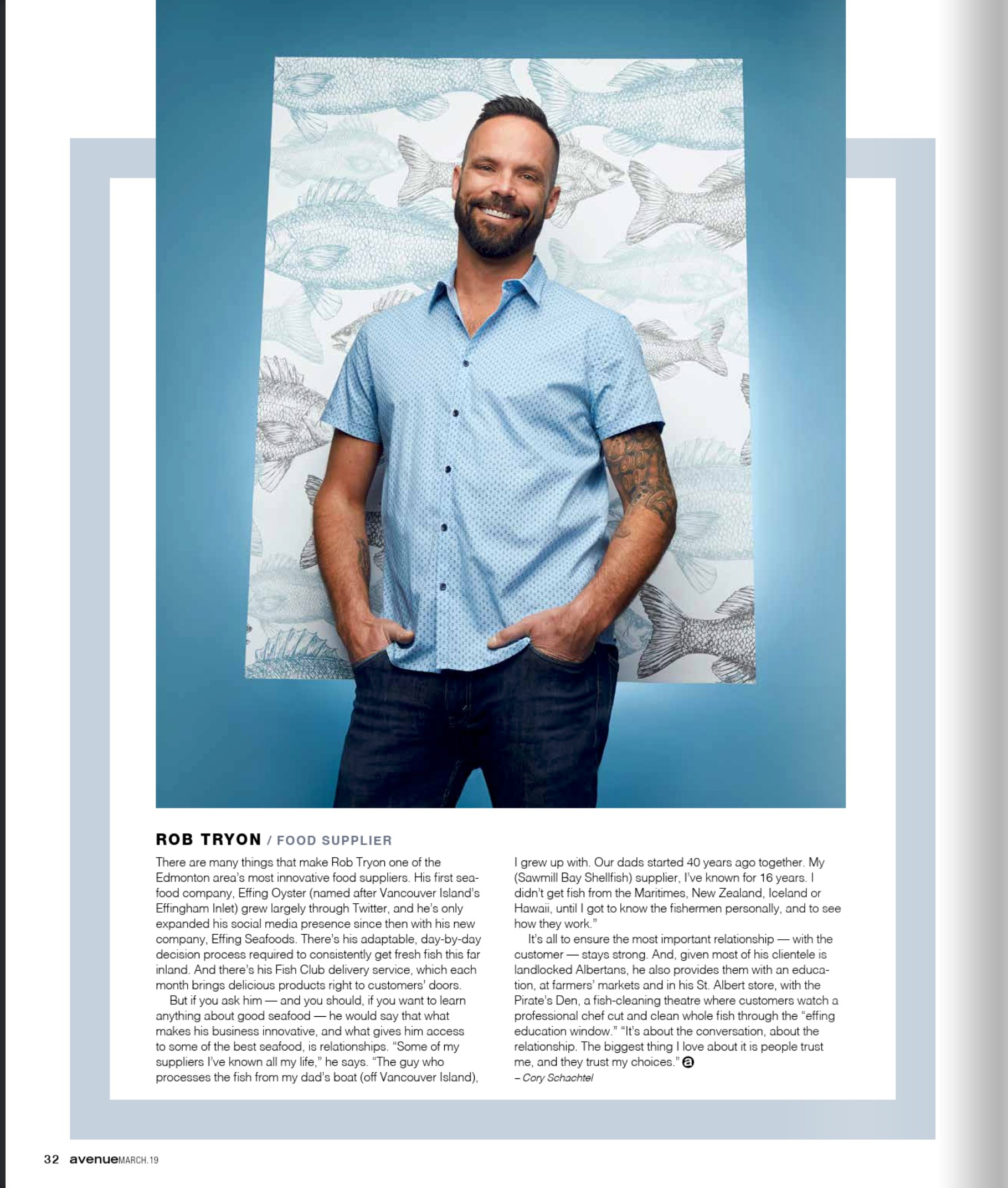 Rob Tryon’s page: in a blue shirt against the fish-print wallpaper