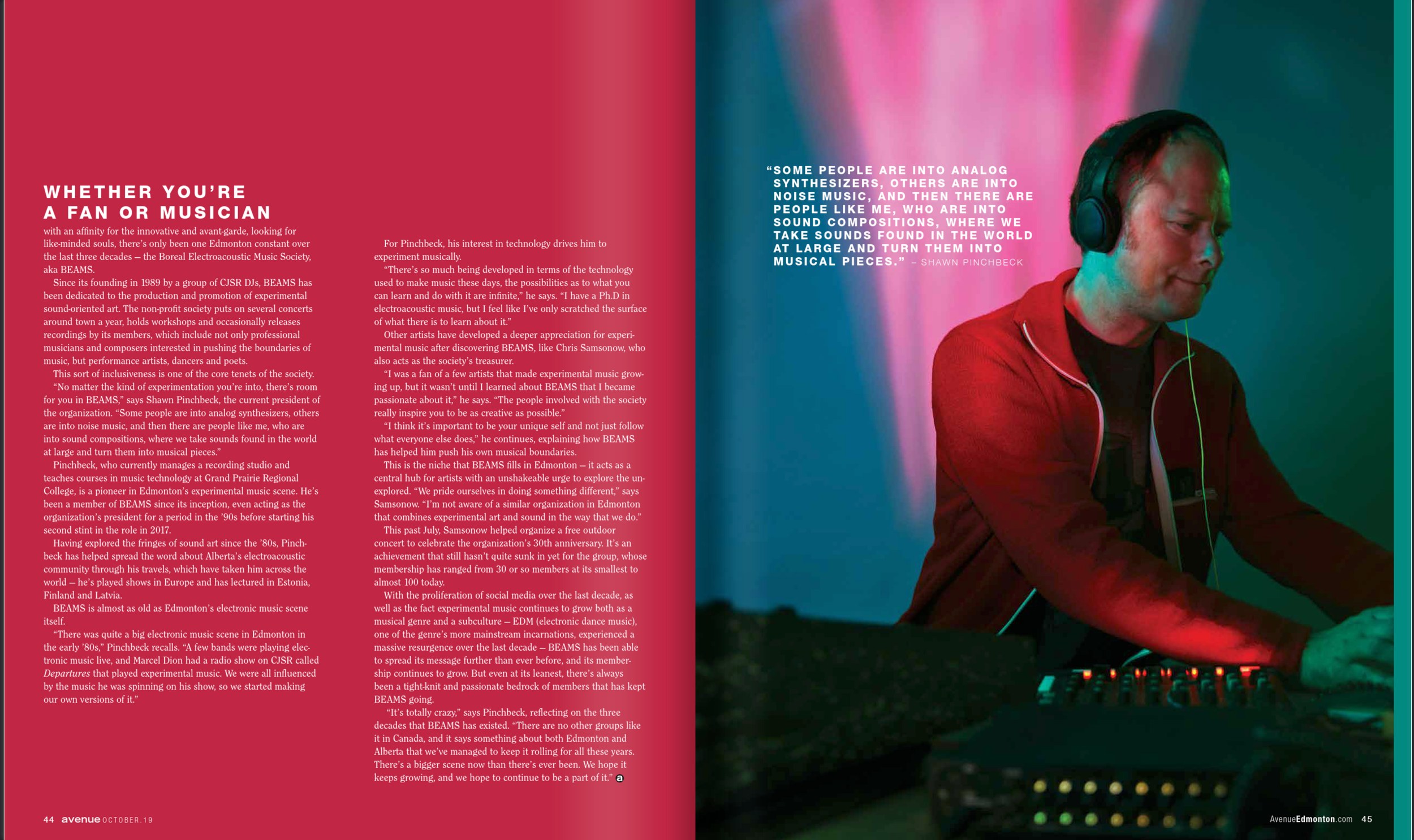 The story continued across a red spread, the same musician at the gear