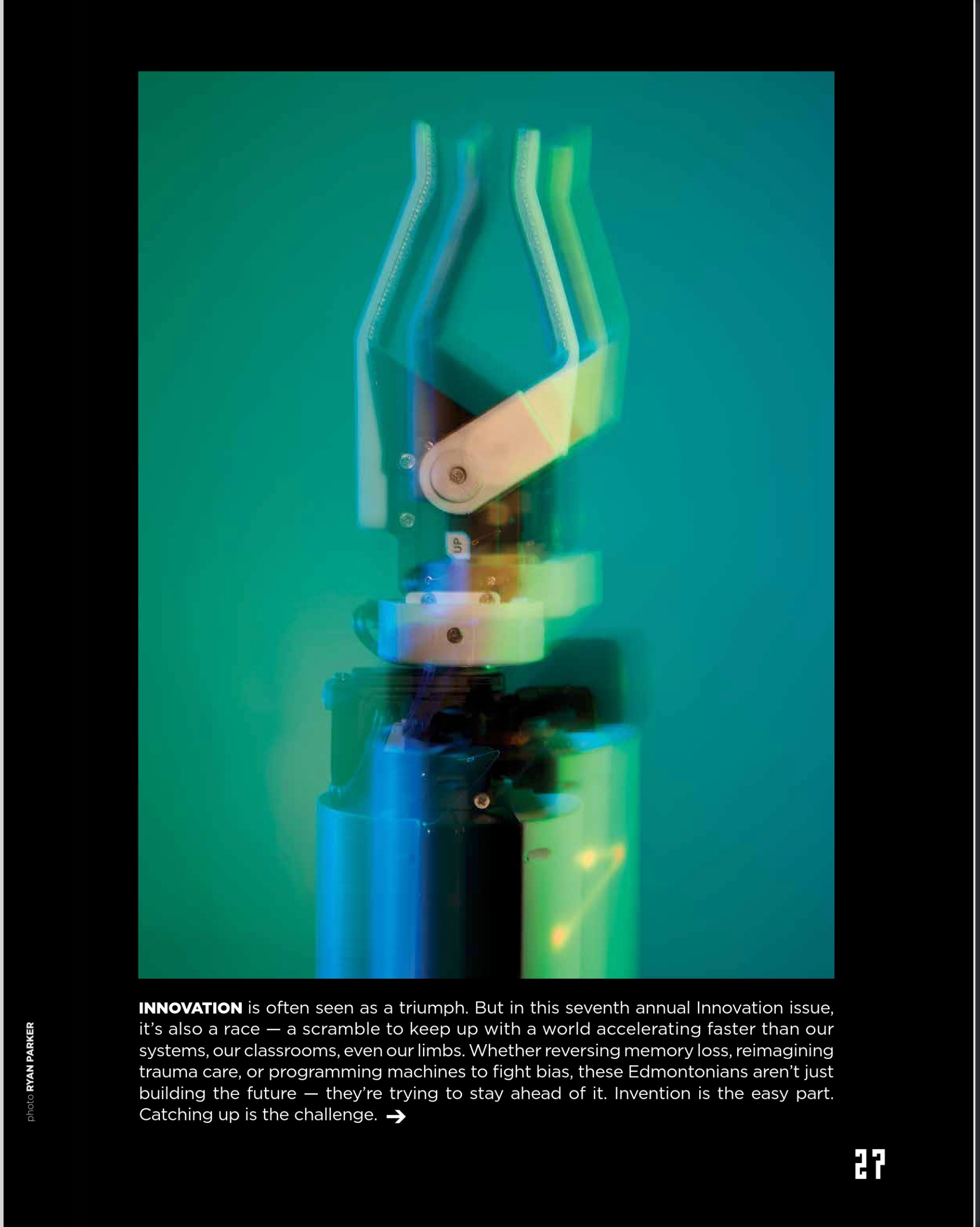 Page 27, the issue’s opener: the arm alone, green and blue, blurred through a long exposure