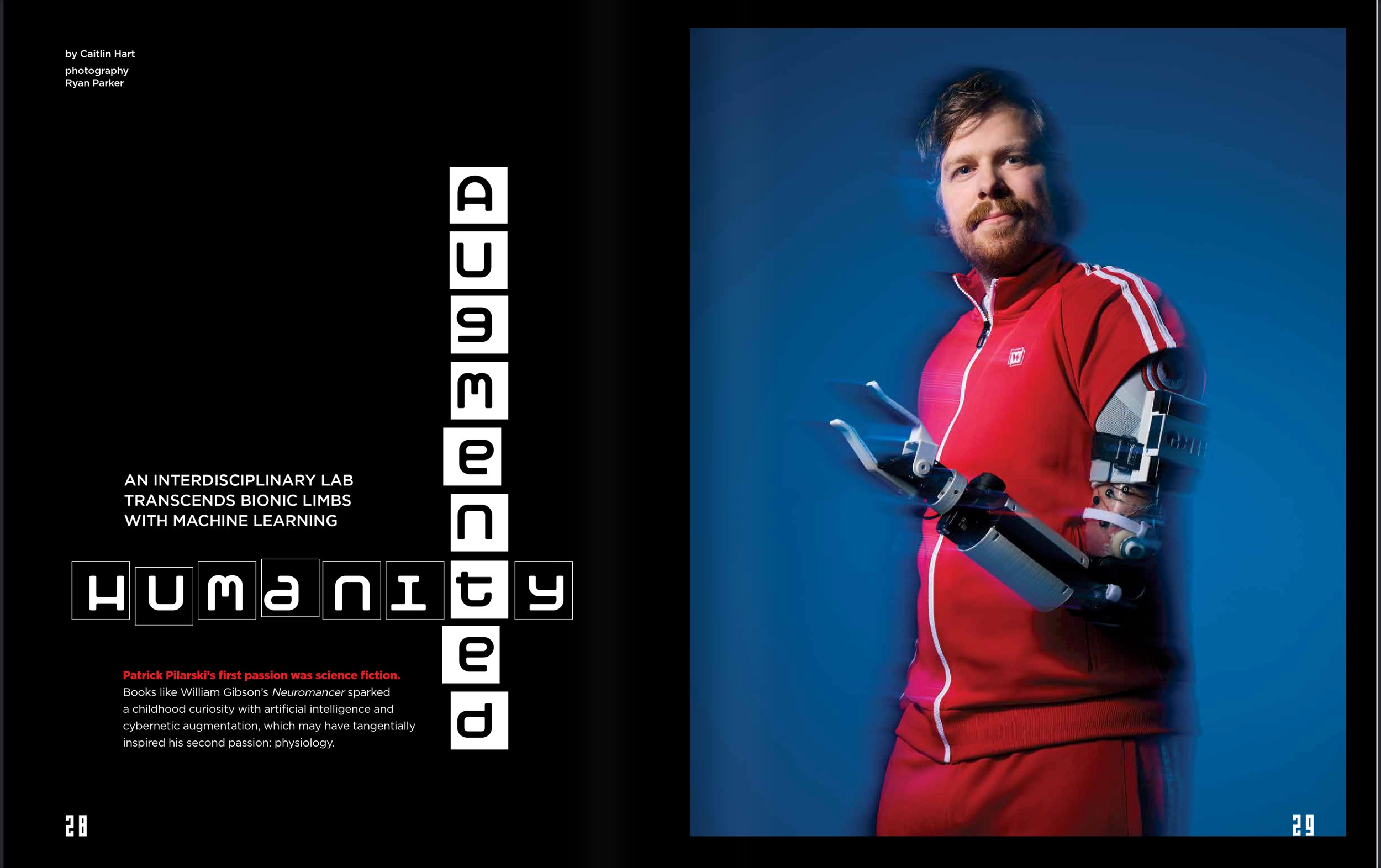 The feature spread, Augmented Humanity: the man in the red tracksuit on blue, the title set down the black facing page