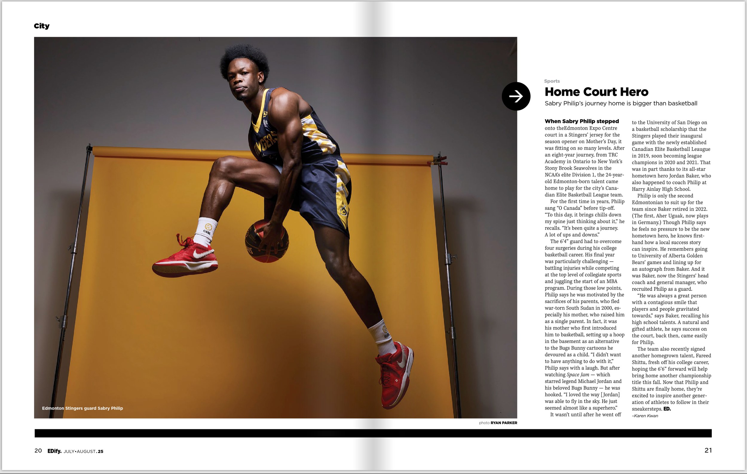 The feature spread, Home Court Hero: Sabry Philip in the air in his Stingers kit, the ball in one hand, the yellow backdrop and the studio around him