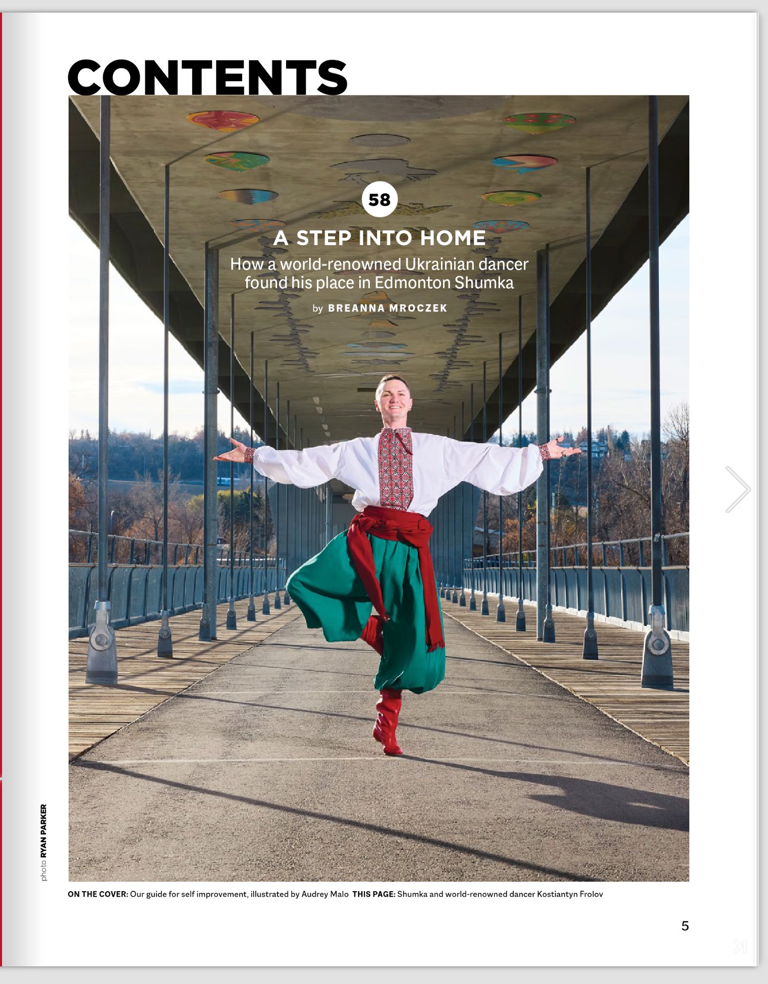 The contents page, A Step Into Home: the dancer on the bridge, on one leg, arms open