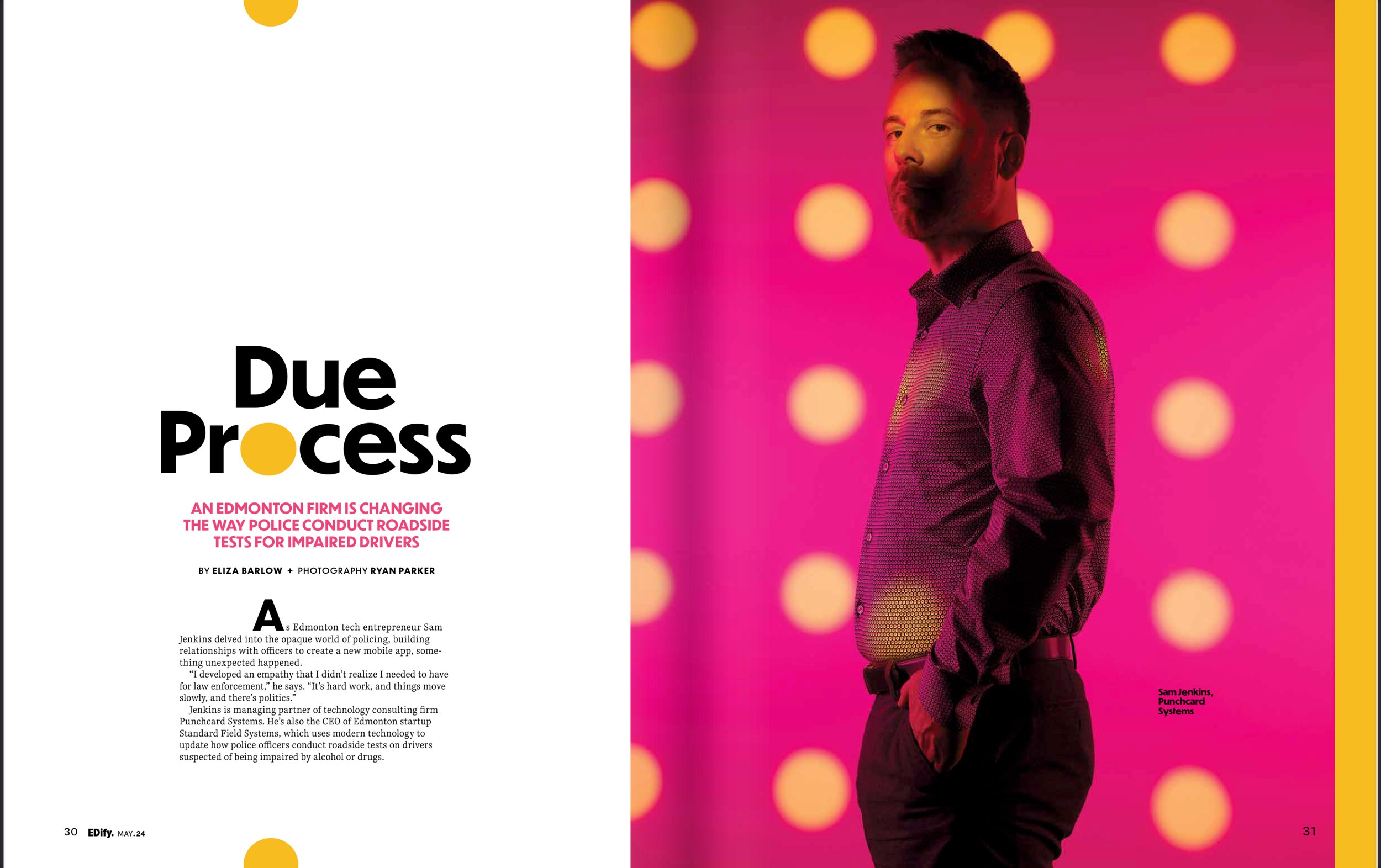 The feature spread, Due Process: Sam Jenkins lit in pink and yellow dots, the title on the facing page