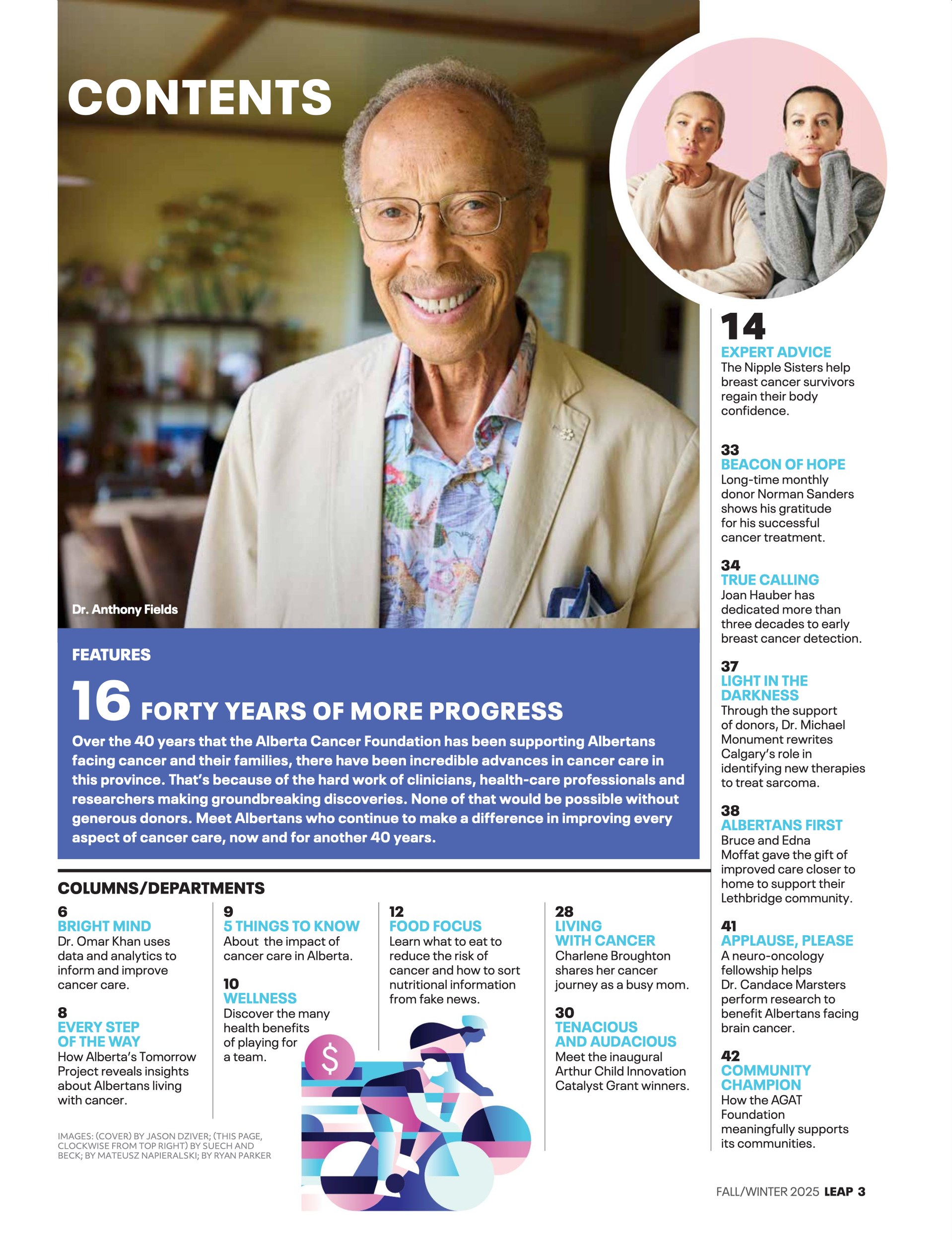 The contents page: Dr. Anthony Fields at home, smiling, above the listing for Forty Years of More Progress