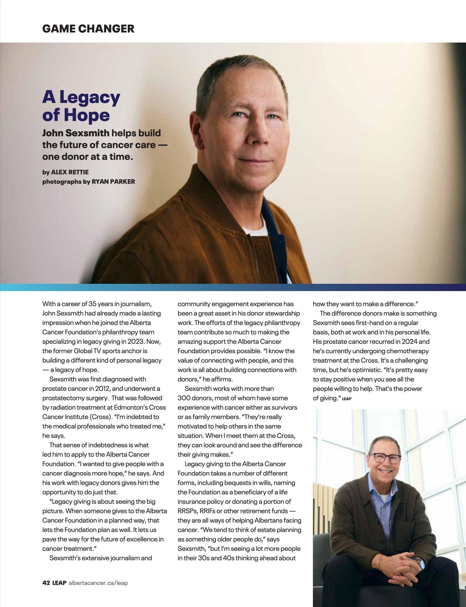 The feature page, A Legacy of Hope: John Sexsmith in a brown suede jacket against a white wall, and seated in the atrium below