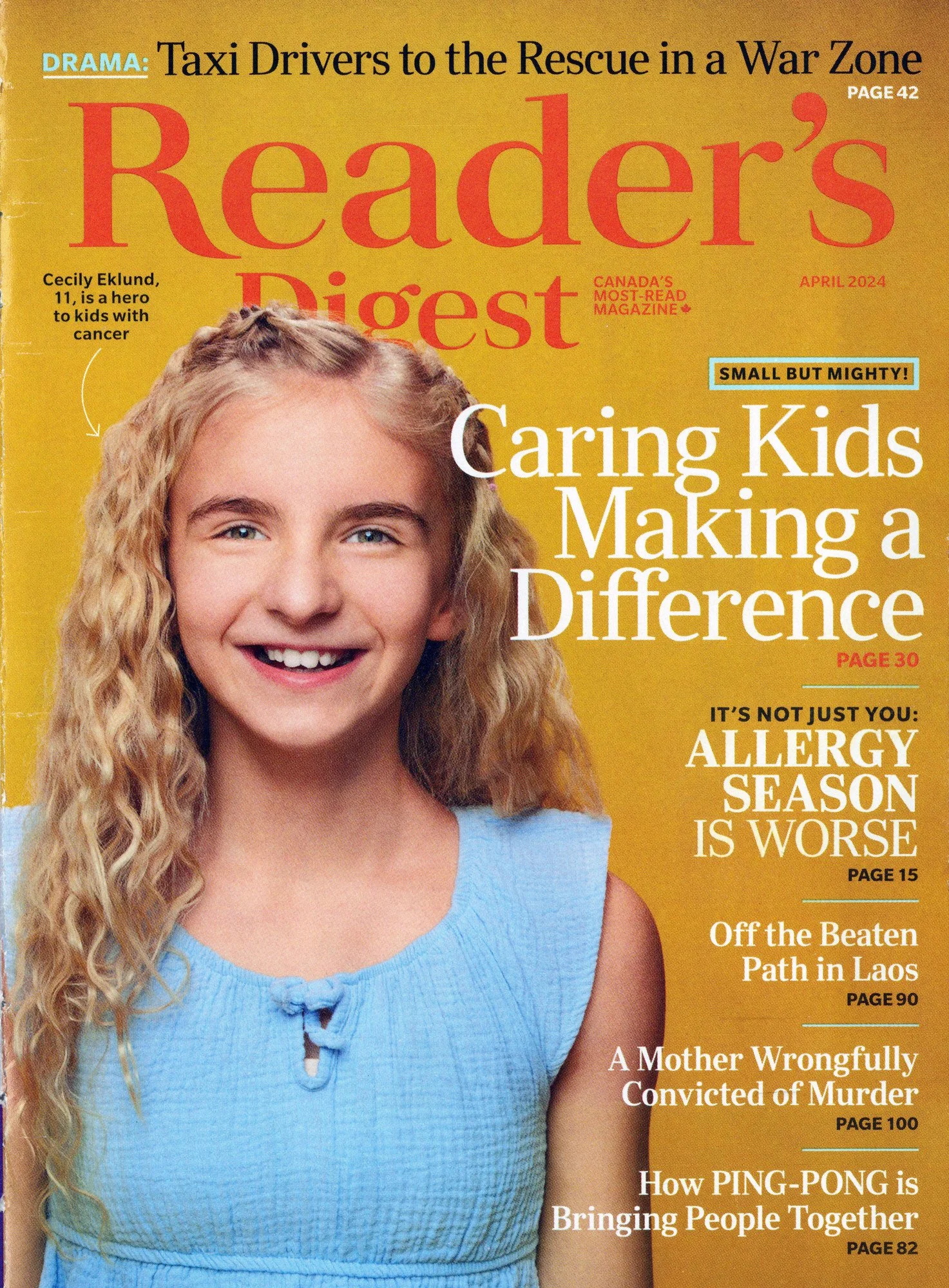 Reader’s Digest cover: an eleven-year-old in a blue top, smiling, against yellow