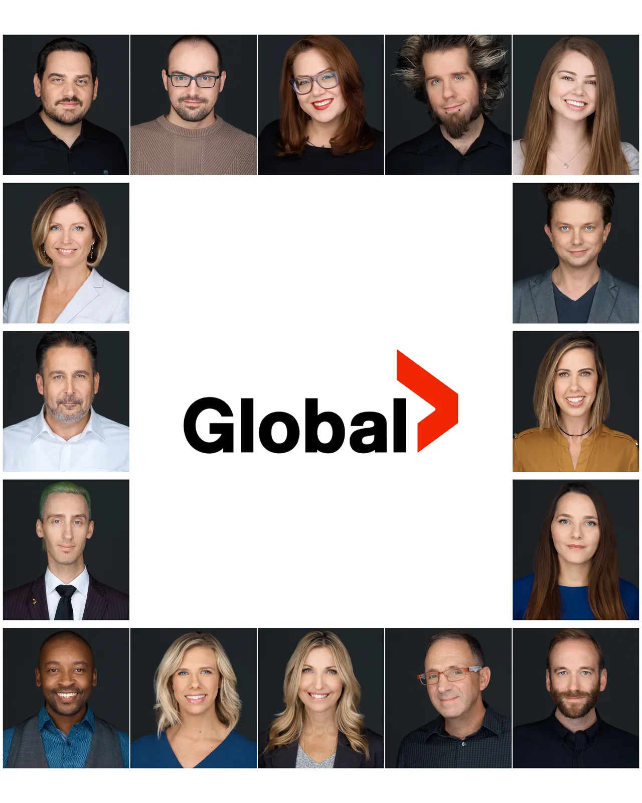 Global Television — sixteen staff headshots, one matched set