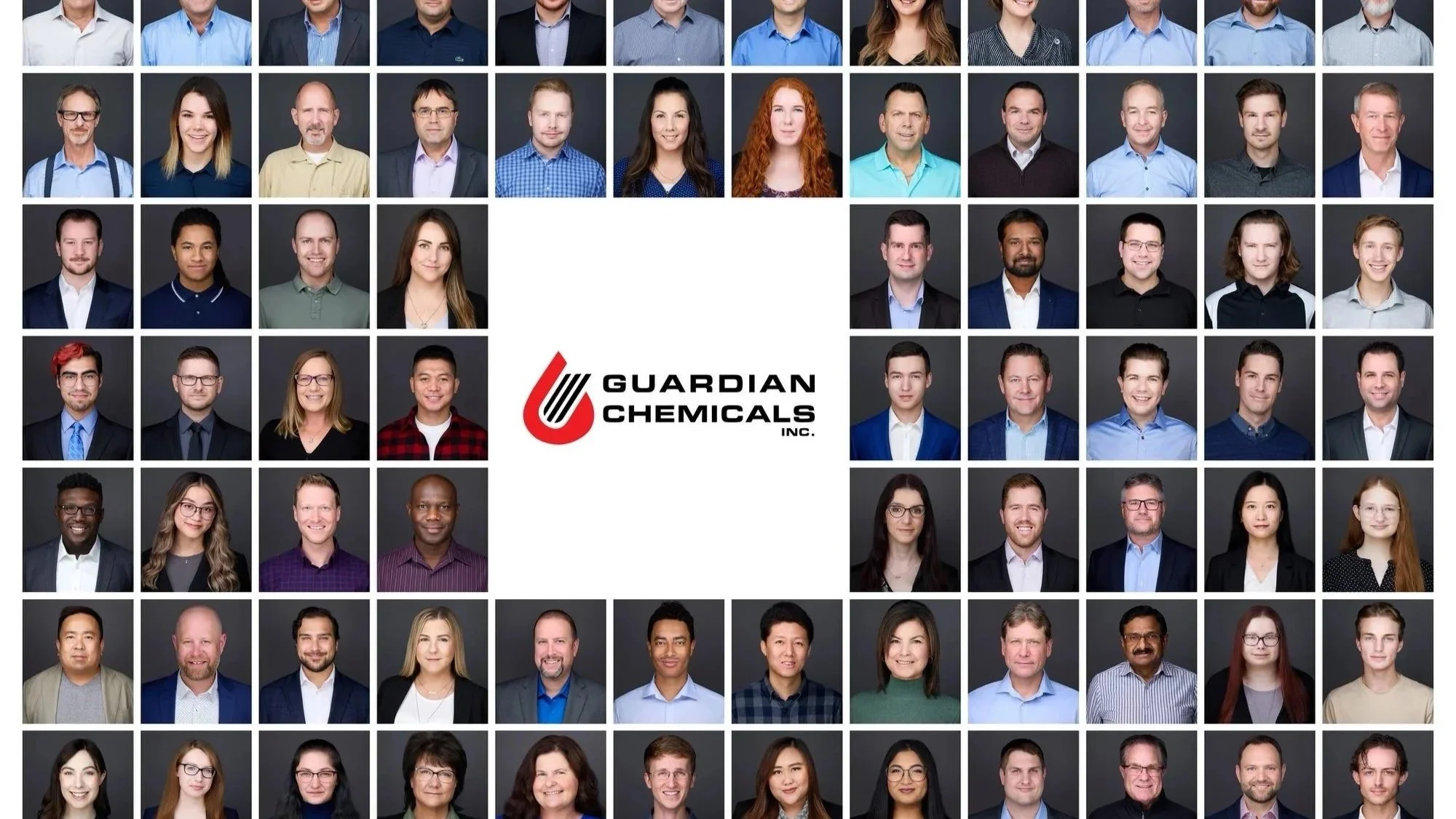 A grid of matching team headshots around the Guardian Chemicals logo
