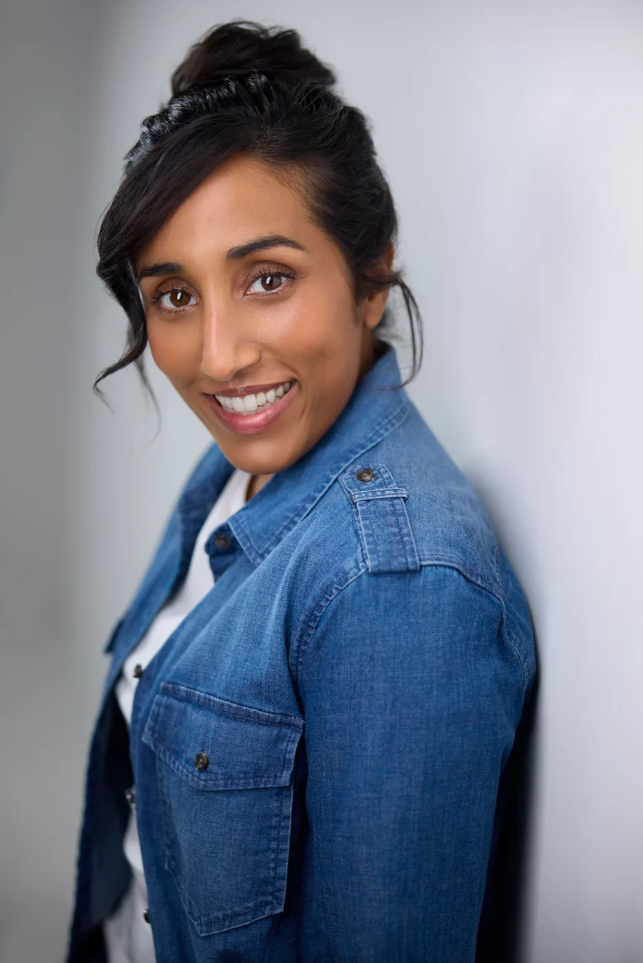 Ashley John in a chambray shirt, actor headshot, Edmonton