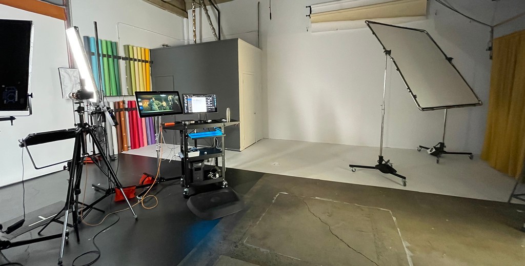 Studio setup with backdrop rolls and lighting