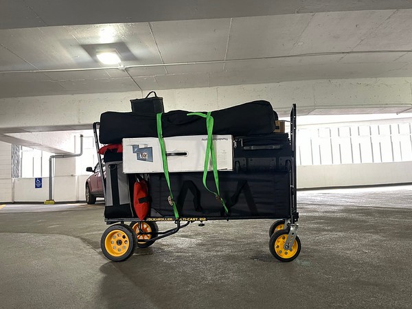 Rolling cart loaded with lighting gear