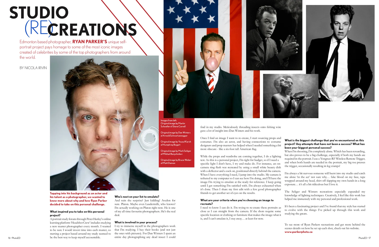 The PhotoED Magazine spread "Studio (Re)creations", Winter 2018, pages 16 and 17 — Ryan Parker’s re-creations laid out beside the interview