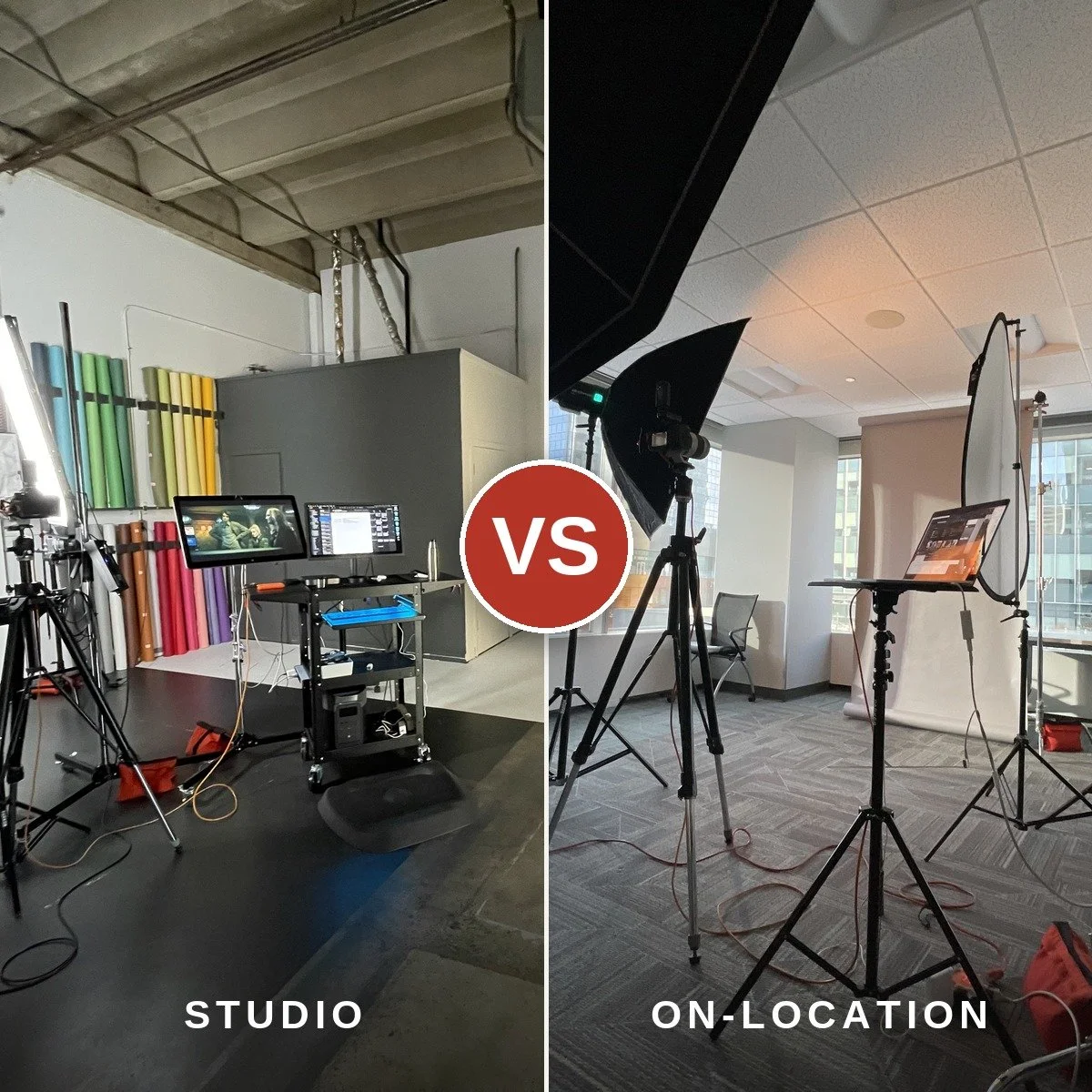 The studio set-up beside an office set-up, split down the middle